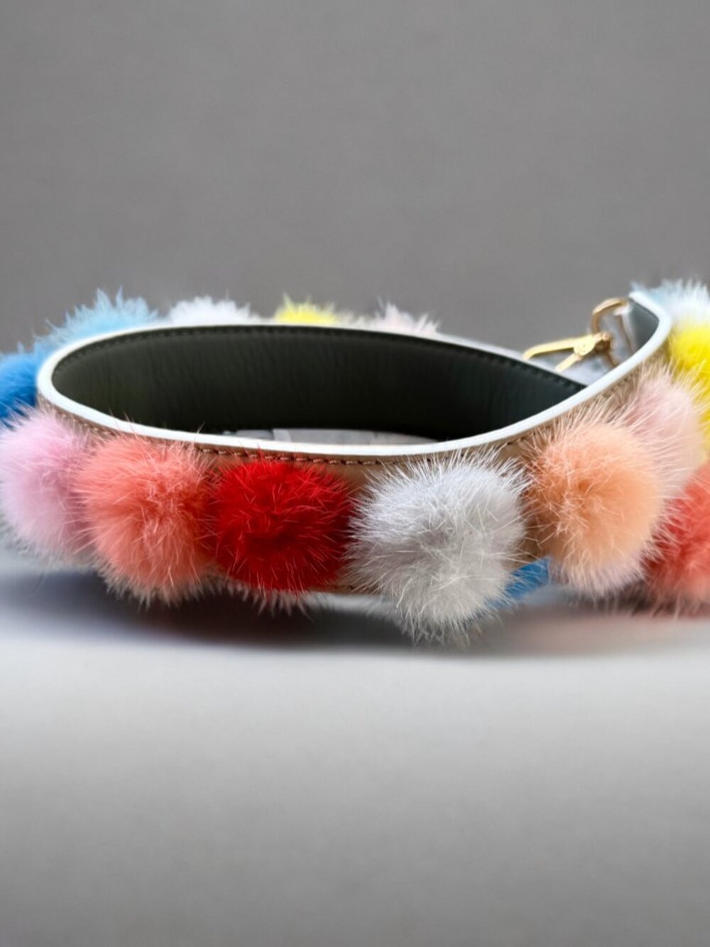 Fendi Multicolor Mink Fur Pom Pom Gray Leather Shoulder Bag Strap - Picture 2 of 11
